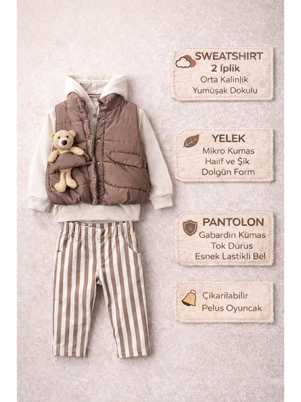 Kahverengi Erkek Bebek 3’lü Takım 9-24 Ay Şişme Yelek %100 Pamuk Sweatshirt Gabardin Pantolon-1