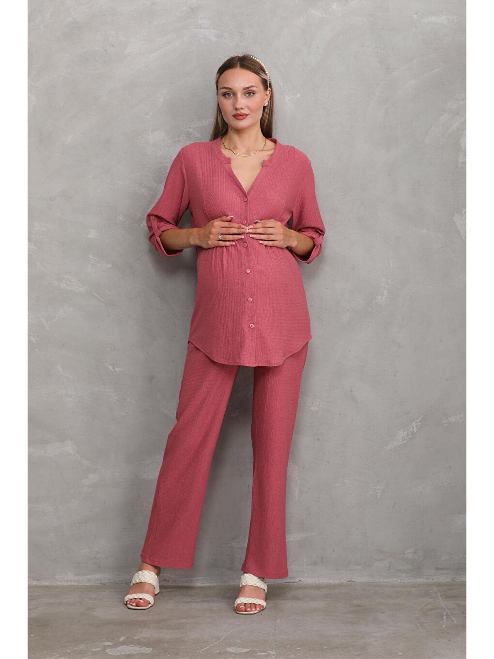 Pembe Gül Kurusu Önden Düğmeli V yaka Hamile ve Lohusa Alt Üst Takım
