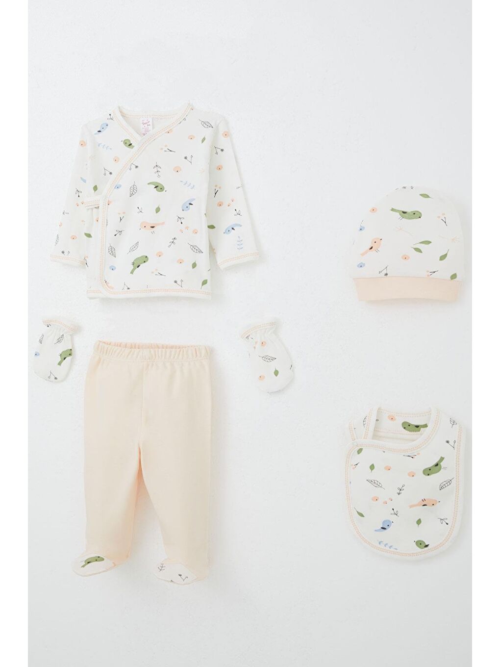 Kız Bebek Hastane Çıkışı 5 Li Bahar Temalı Sevimli Minik Serçe Desenli Beyaz (0-3 Ay)-1