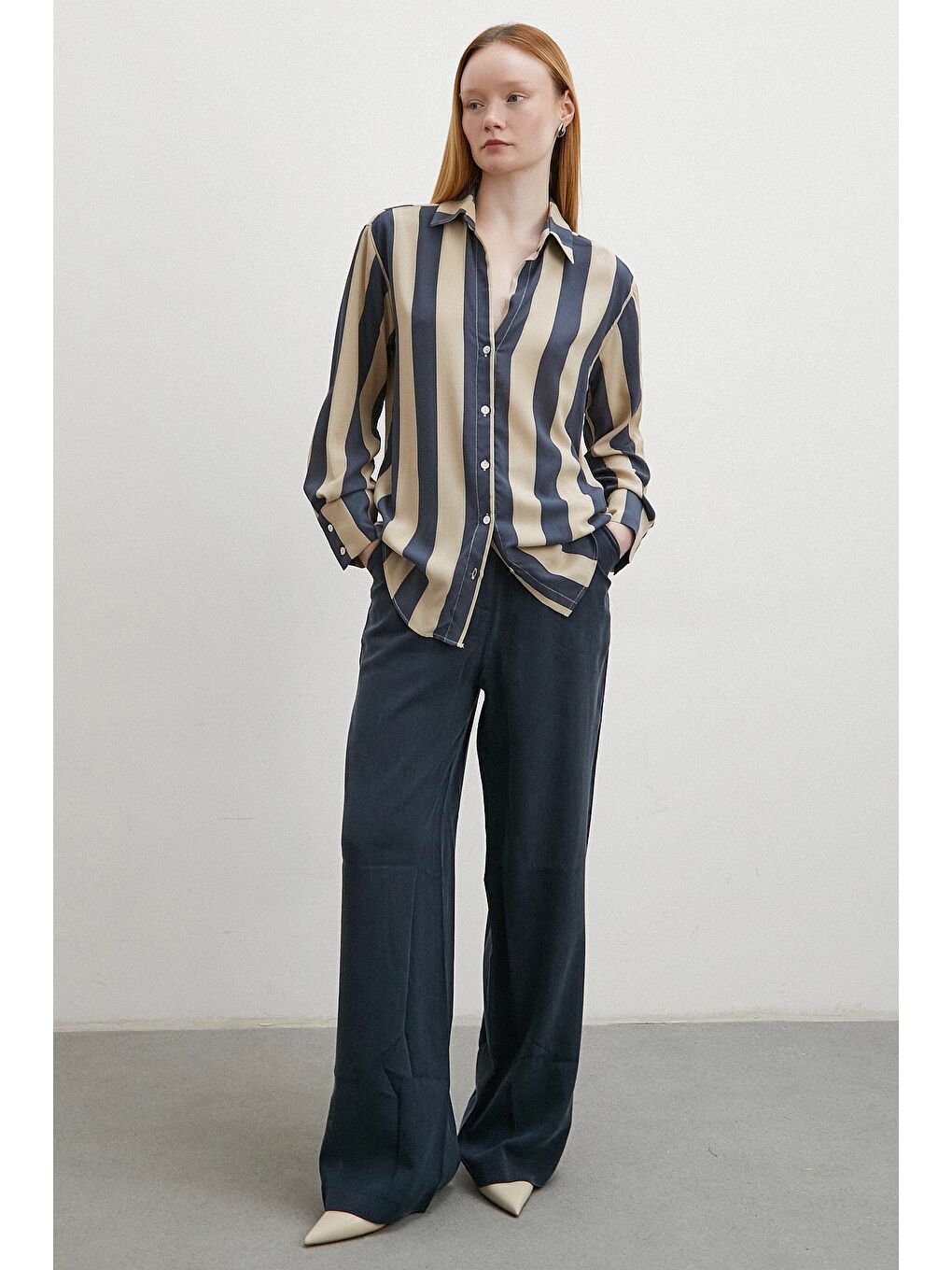 Karışık Çizgili Viskon Gömlek Kahve