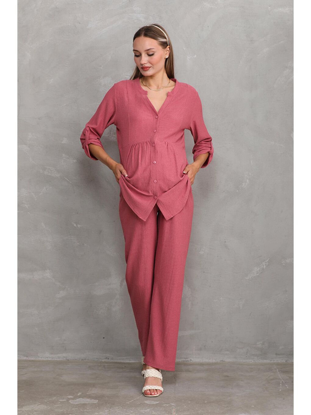 Pembe Gül Kurusu Önden Düğmeli V yaka Hamile ve Lohusa Alt Üst Takım-1