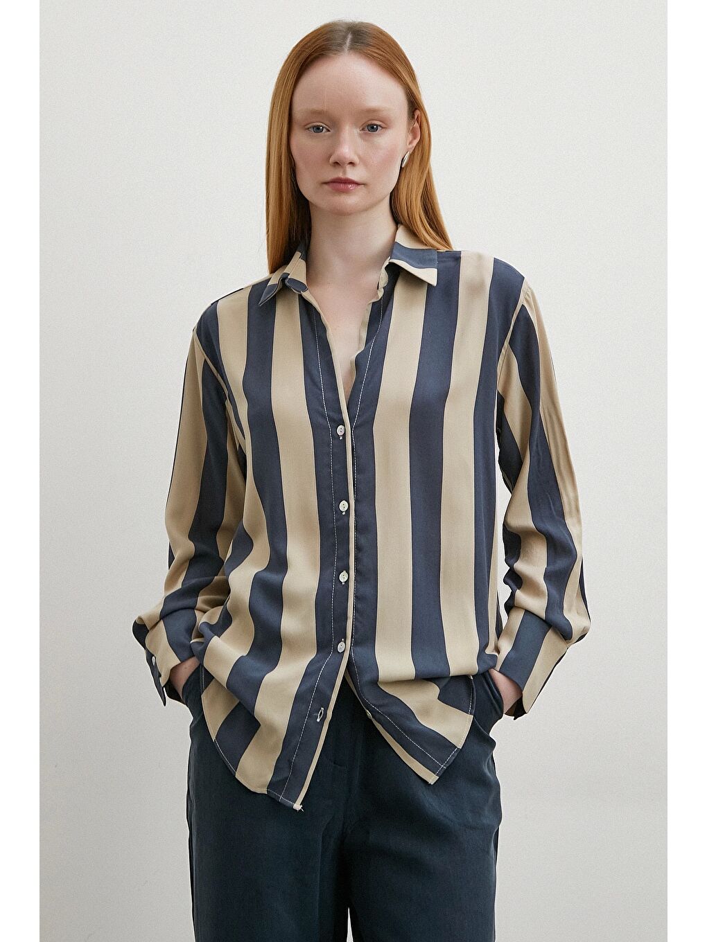 Karışık Çizgili Viskon Gömlek Kahve-1