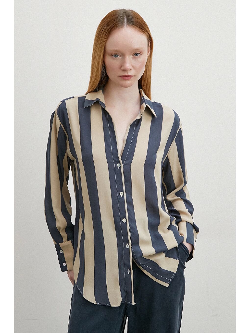 Karışık Çizgili Viskon Gömlek Kahve-2