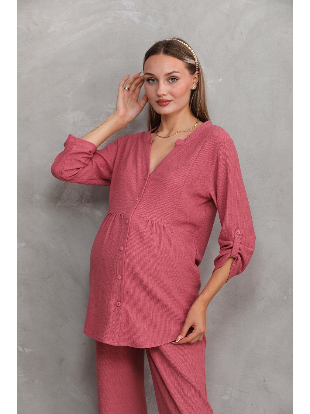 Pembe Gül Kurusu Önden Düğmeli V yaka Hamile ve Lohusa Alt Üst Takım-2