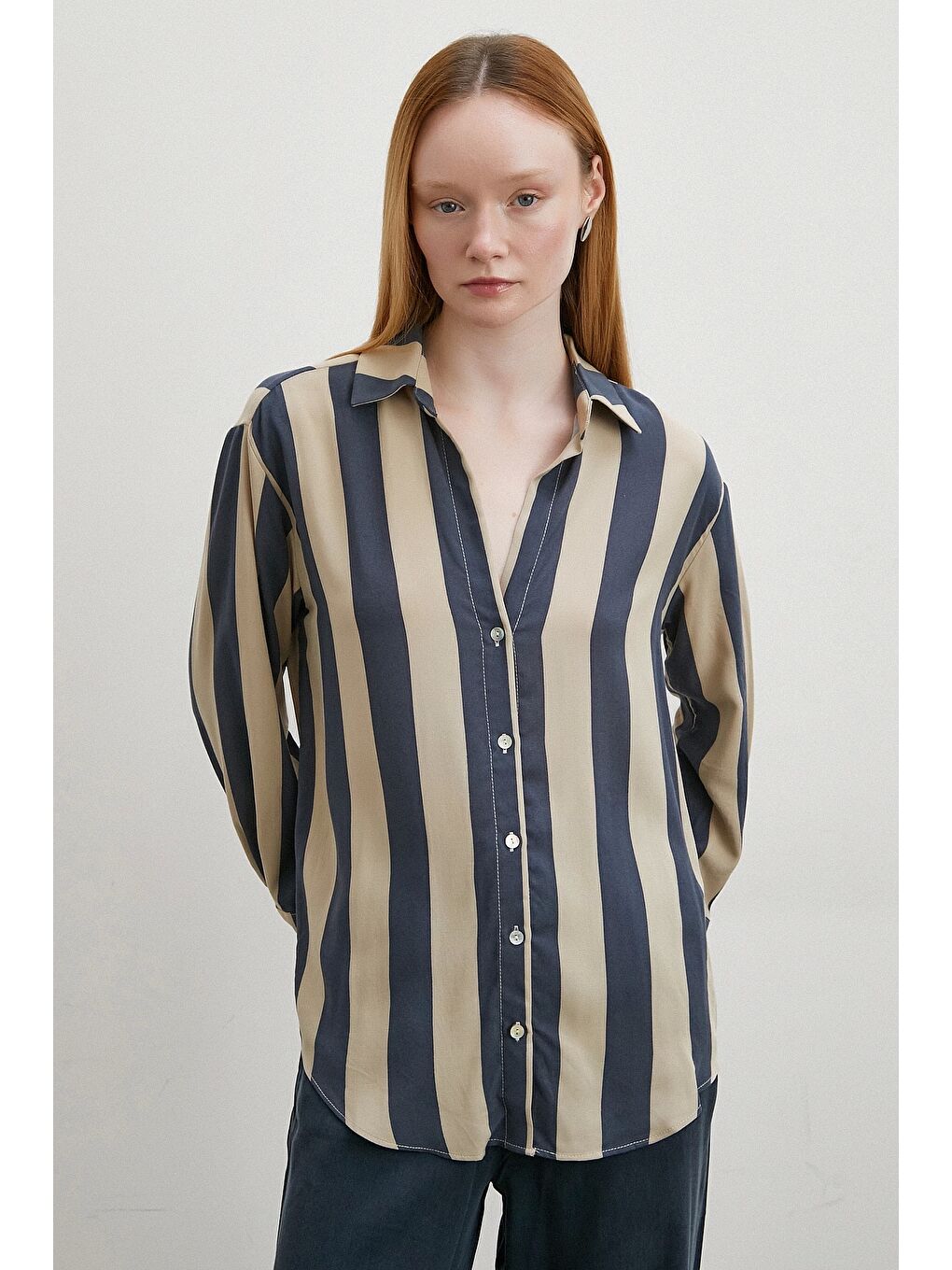 Karışık Çizgili Viskon Gömlek Kahve-3