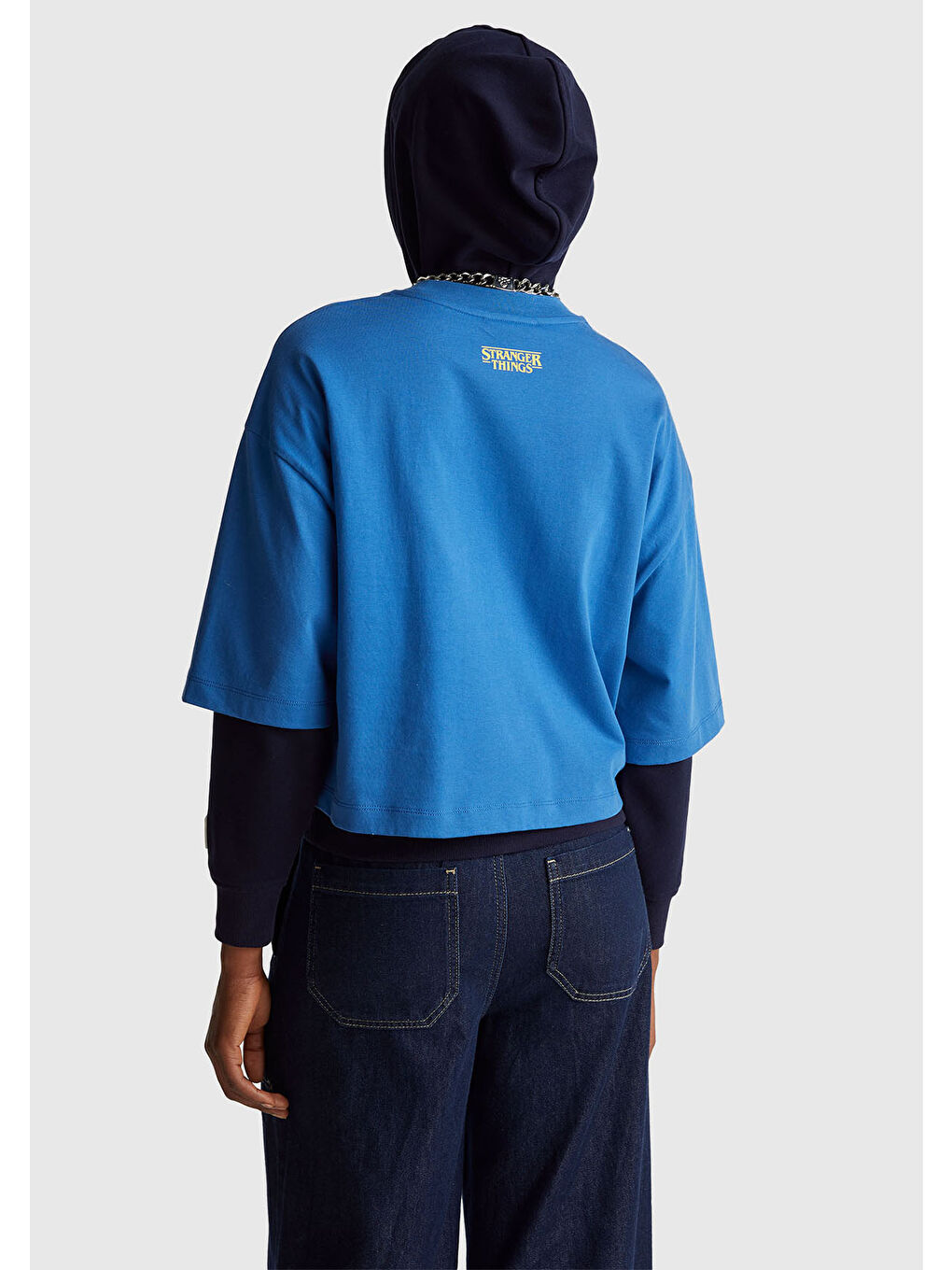 Kadın Mavi  %100 Pamuk Boxy Fit Stranger Things Baskılı T-Shirt-2