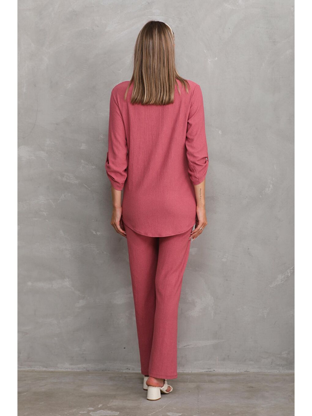 Pembe Gül Kurusu Önden Düğmeli V yaka Hamile ve Lohusa Alt Üst Takım-3