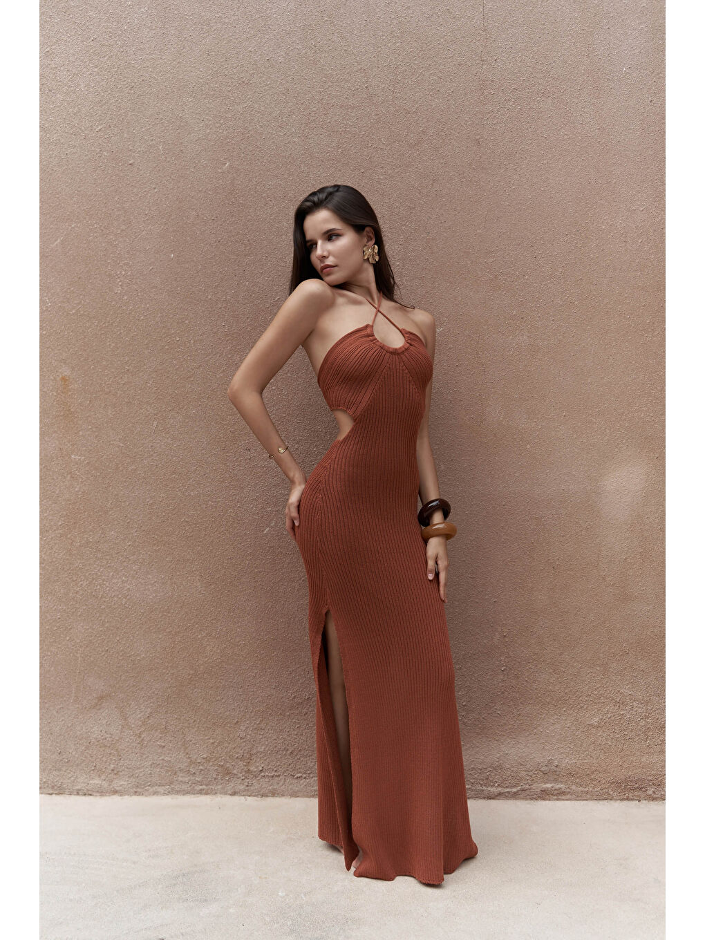 Kahverengi Salinas Bağcık Detay Kiremit Triko Uzun Elbise