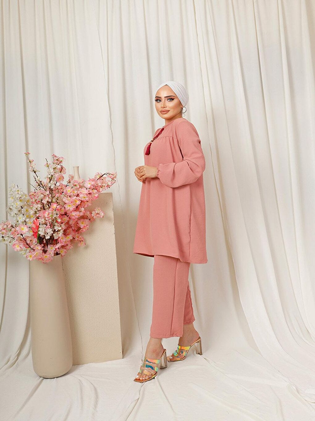 Pembe Boncuk Kolye Detaylı Aerobin Kadın Pudra İkili Takım-5
