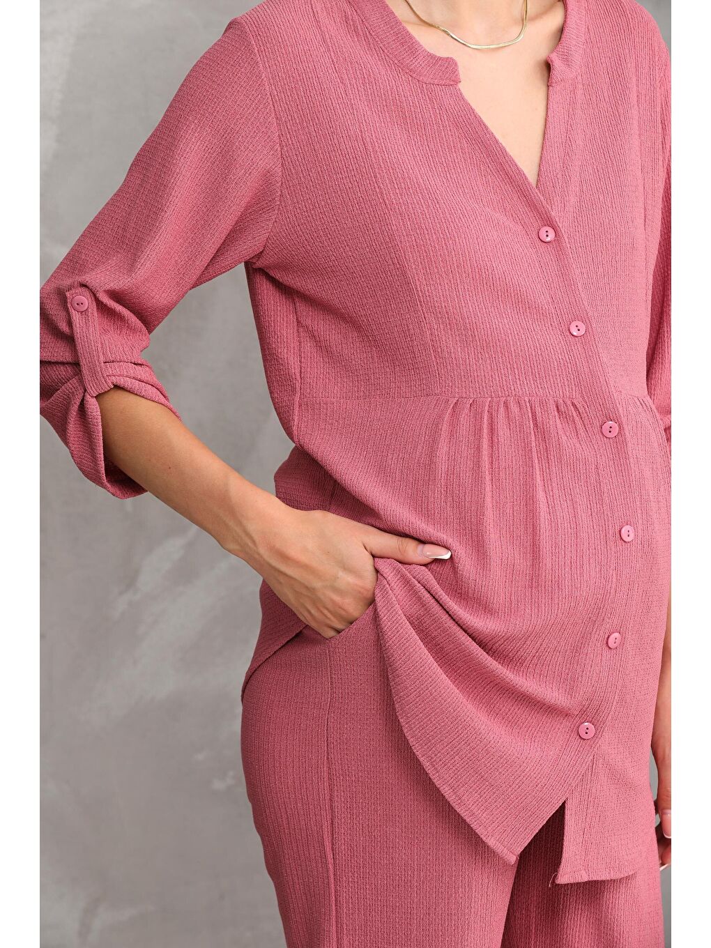 Pembe Gül Kurusu Önden Düğmeli V yaka Hamile ve Lohusa Alt Üst Takım-4