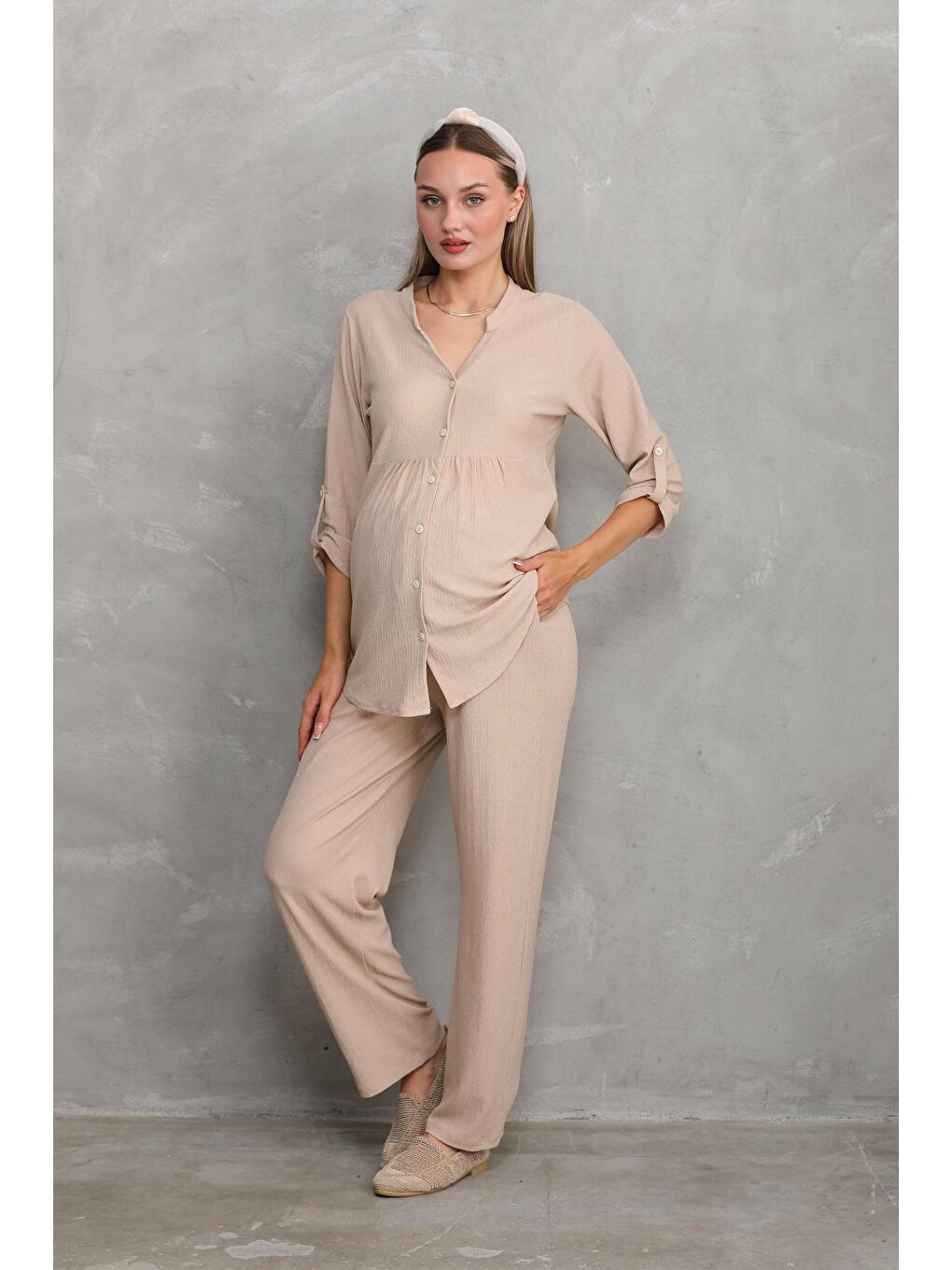 Bej Önden Düğmeli V yaka Hamile ve Lohusa Alt Üst Takım-1