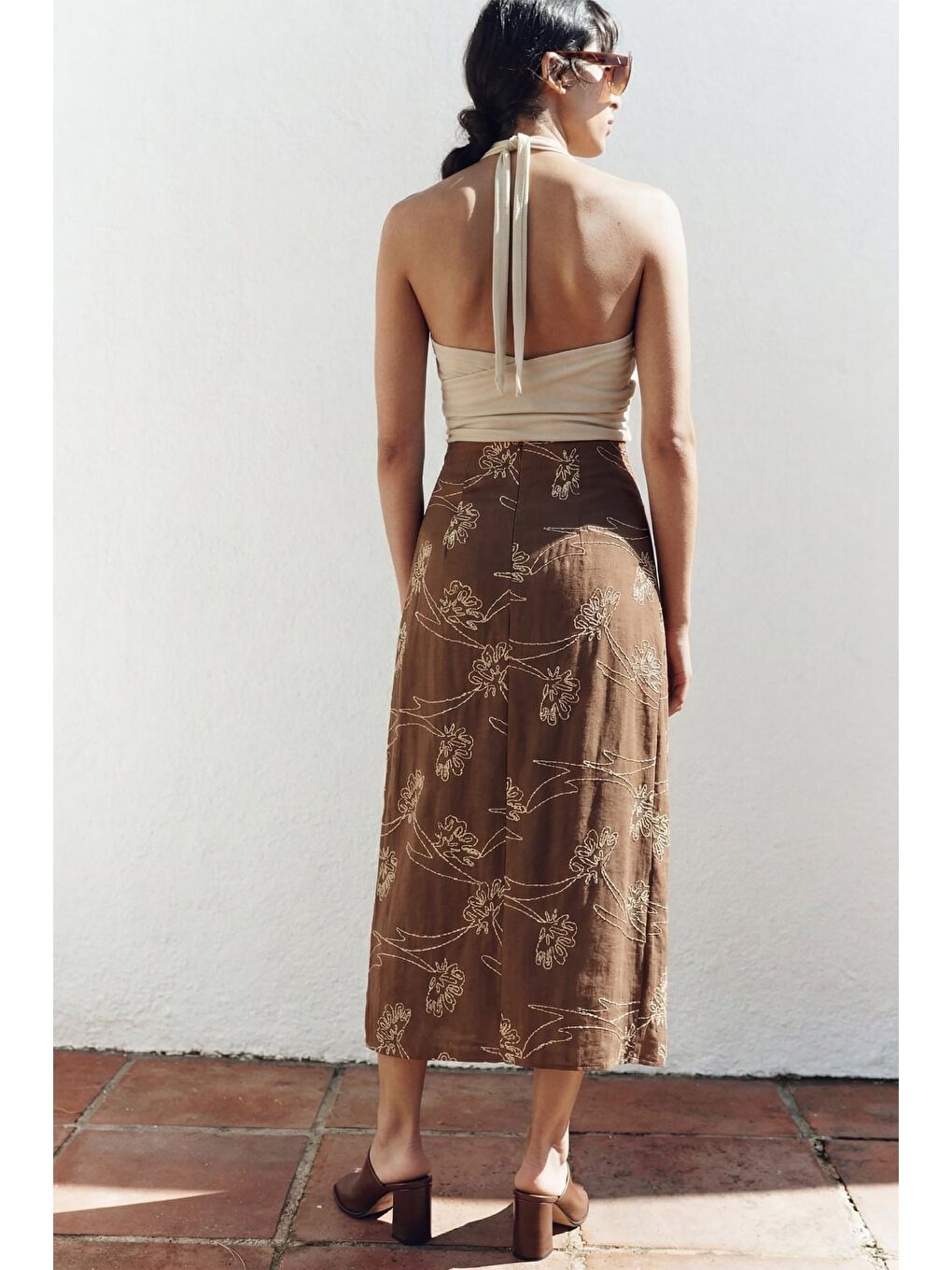 Kahverengi Nakış Detaylı Uzun Etek - Kahve-2
