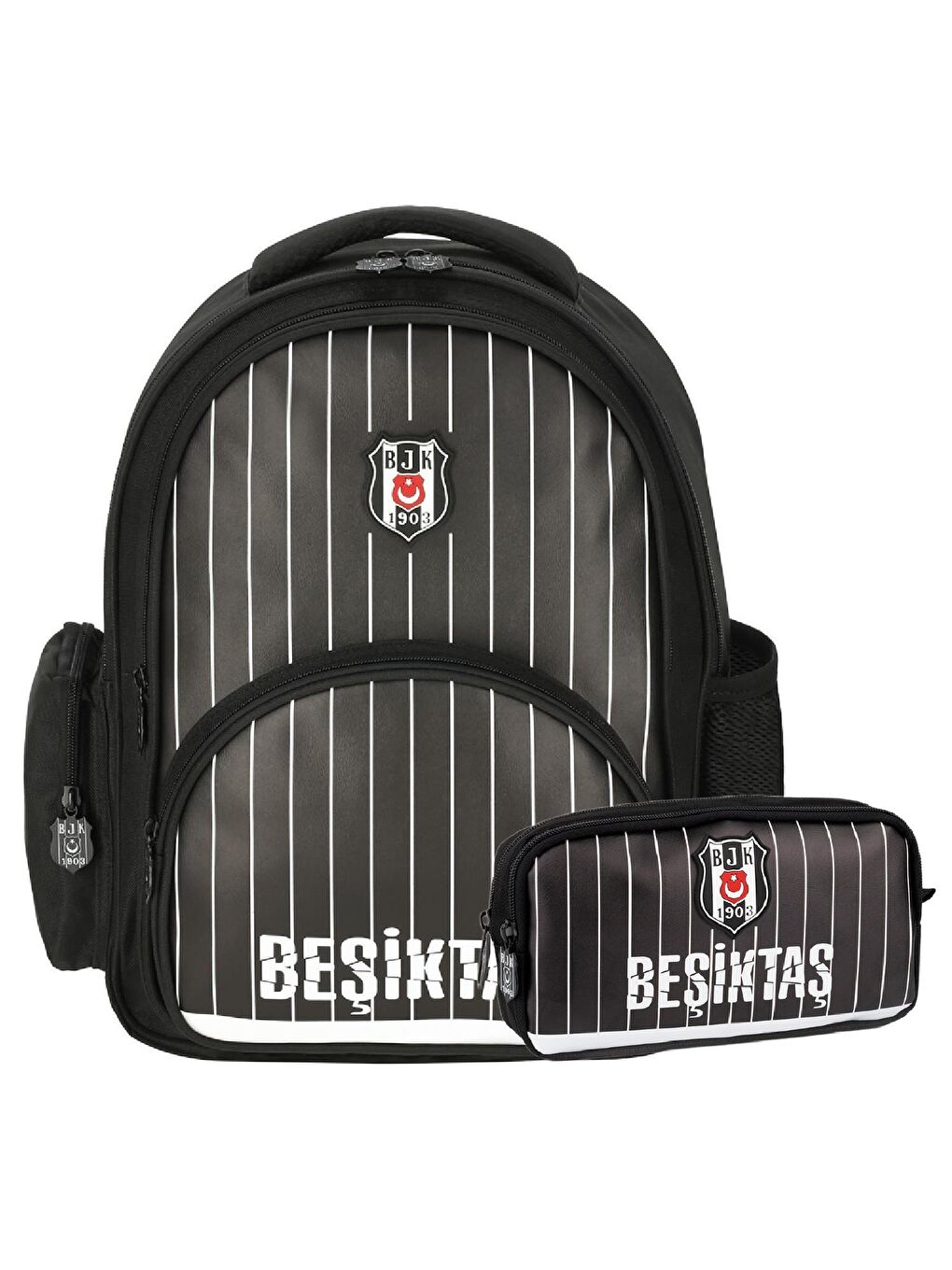 3 Bölmeli İnce Çubuklu Suni Deri Okul Çantası + Kalemlik