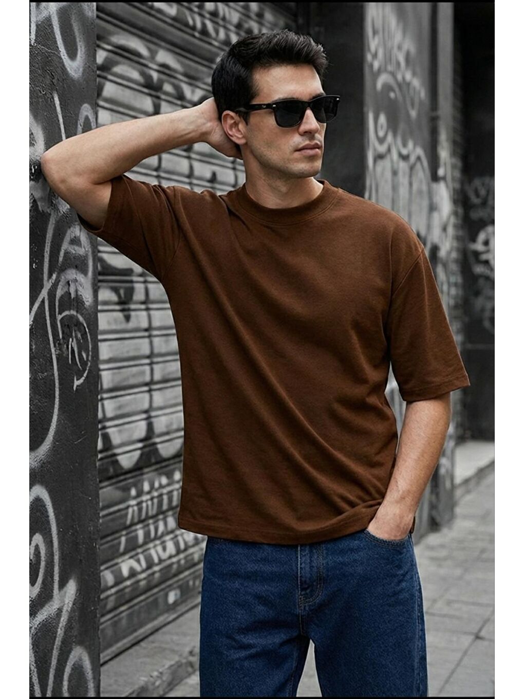 Kahverengi Benriy Erkek Oversize Basic Bisiklet Yaka Pamuklu T-Shirt Rahat Kesim Unisex Sevgili Kombini