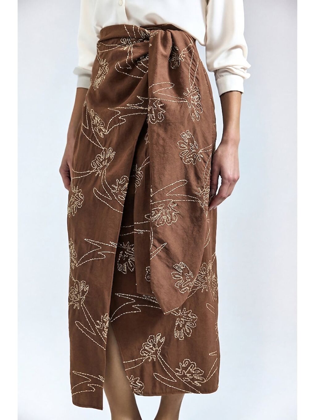 Kahverengi Nakış Detaylı Uzun Etek - Kahve-4