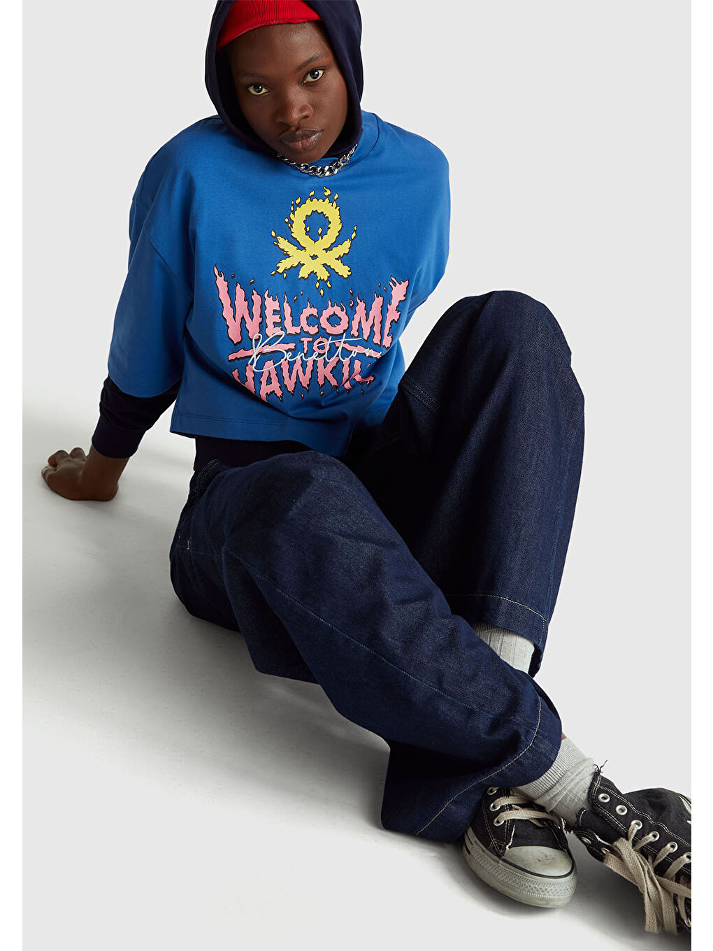 Kadın Mavi  %100 Pamuk Boxy Fit Stranger Things Baskılı T-Shirt-4