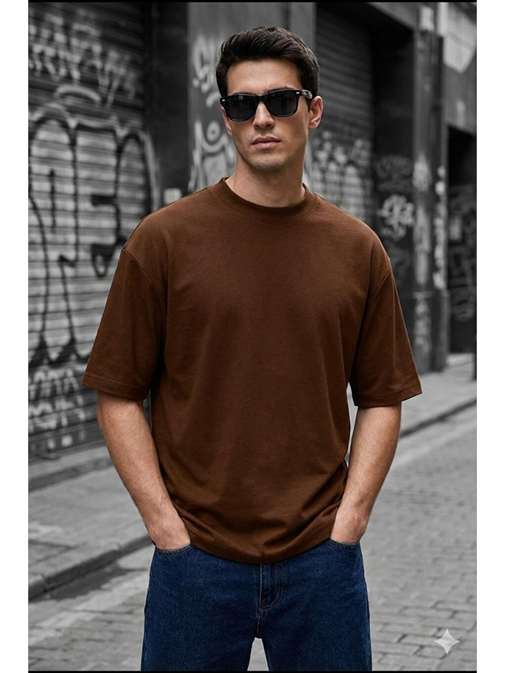 Kahverengi Benriy Erkek Oversize Basic Bisiklet Yaka Pamuklu T-Shirt Rahat Kesim Unisex Sevgili Kombini-1