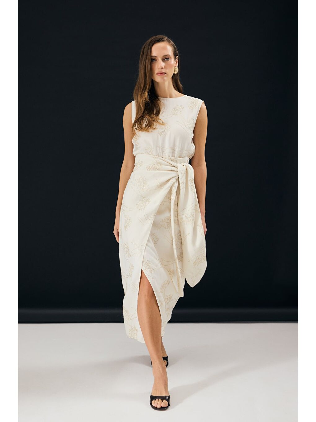 Bej Nakış Detaylı Uzun Etek - Taş-1