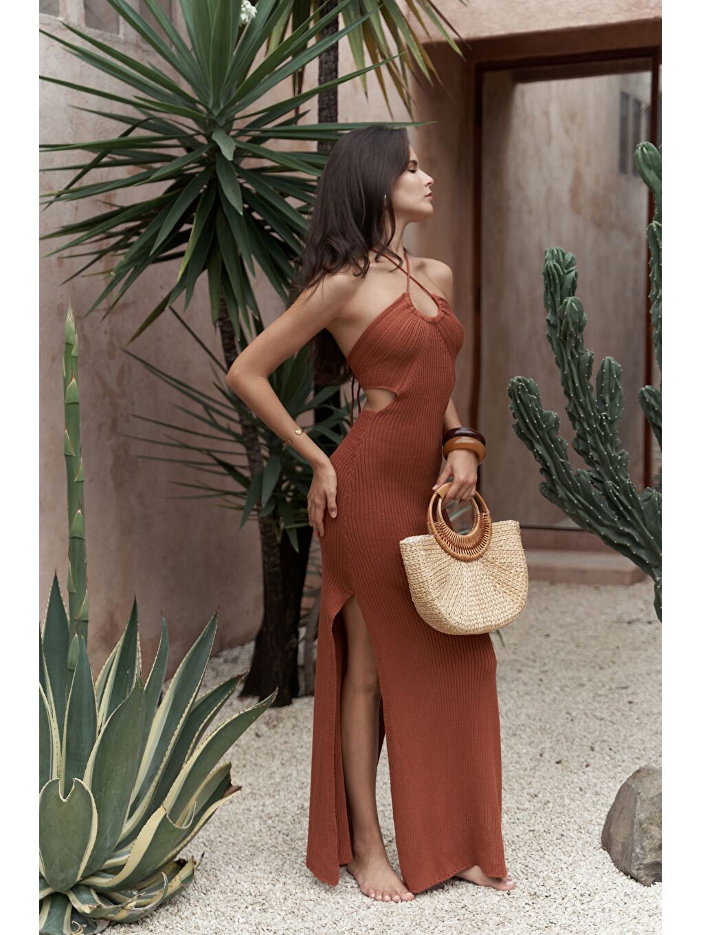 Kahverengi Salinas Bağcık Detay Kiremit Triko Uzun Elbise-2