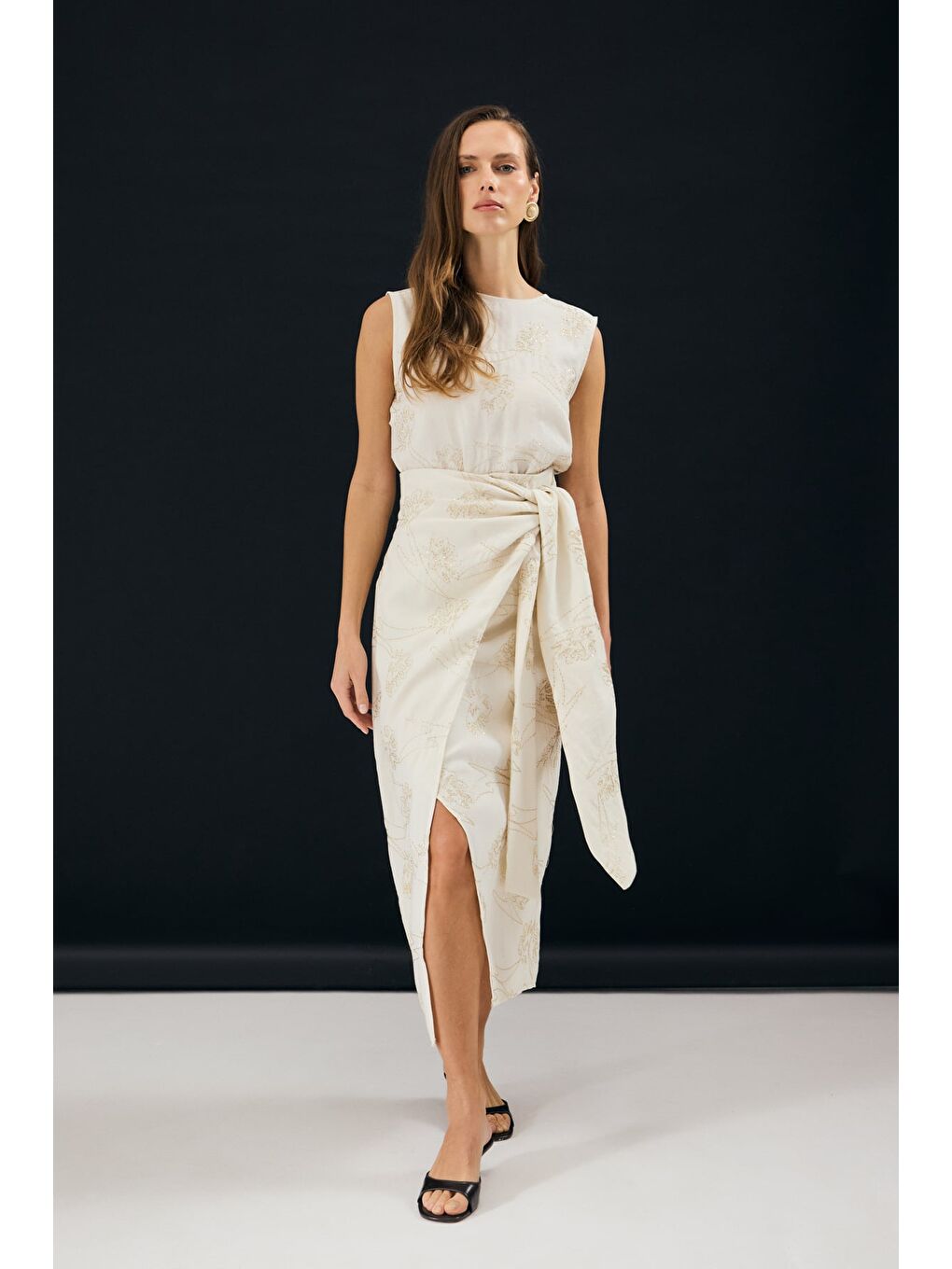 Bej Nakış Detaylı Uzun Etek - Taş-2