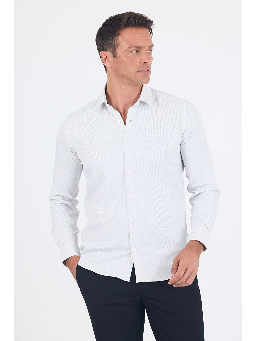 Beyaz Uzun Kol Sert Yaka Cepsiz Easy To Iron Slim Fit Esnek Gömlek 1004250233