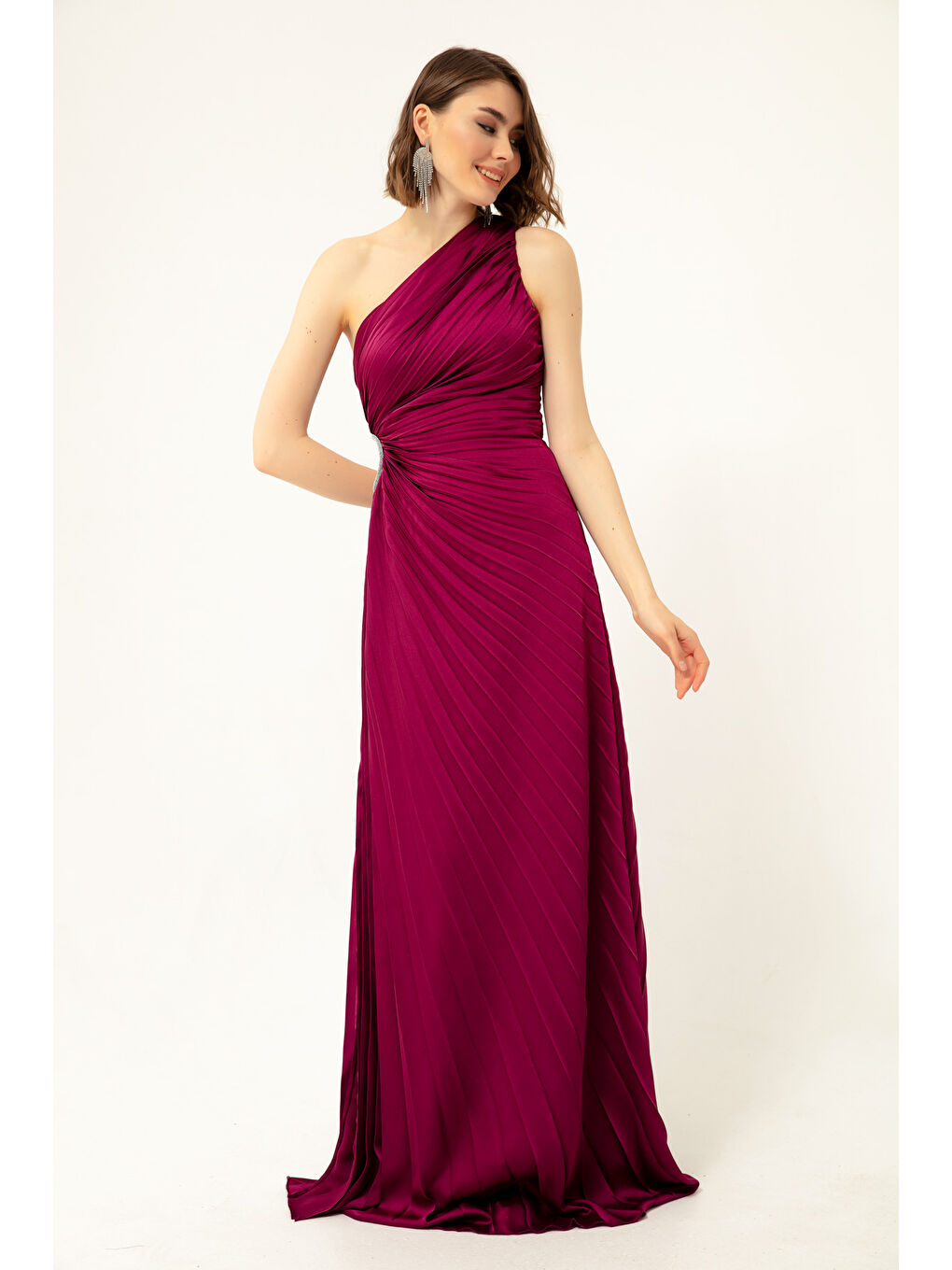 Kadın Mürdüm Tek Omuzlu Dekolteli Uzun Abiye Elbise-1