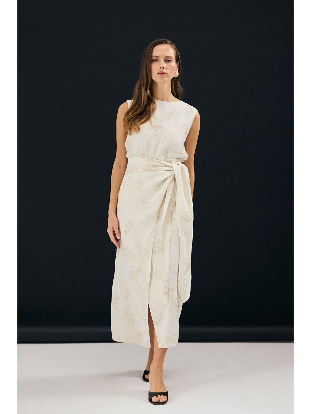 Bej Nakış Detaylı Uzun Etek - Taş-3