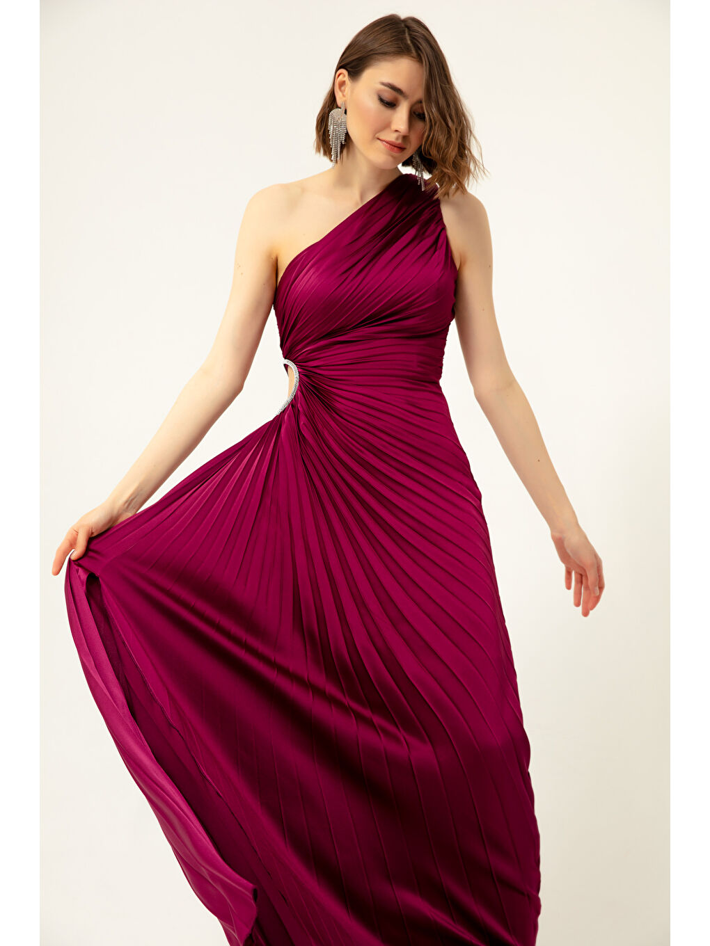 Kadın Mürdüm Tek Omuzlu Dekolteli Uzun Abiye Elbise-2