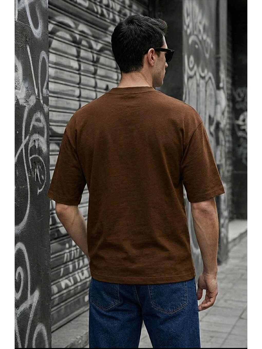 Kahverengi Benriy Erkek Oversize Basic Bisiklet Yaka Pamuklu T-Shirt Rahat Kesim Unisex Sevgili Kombini-2