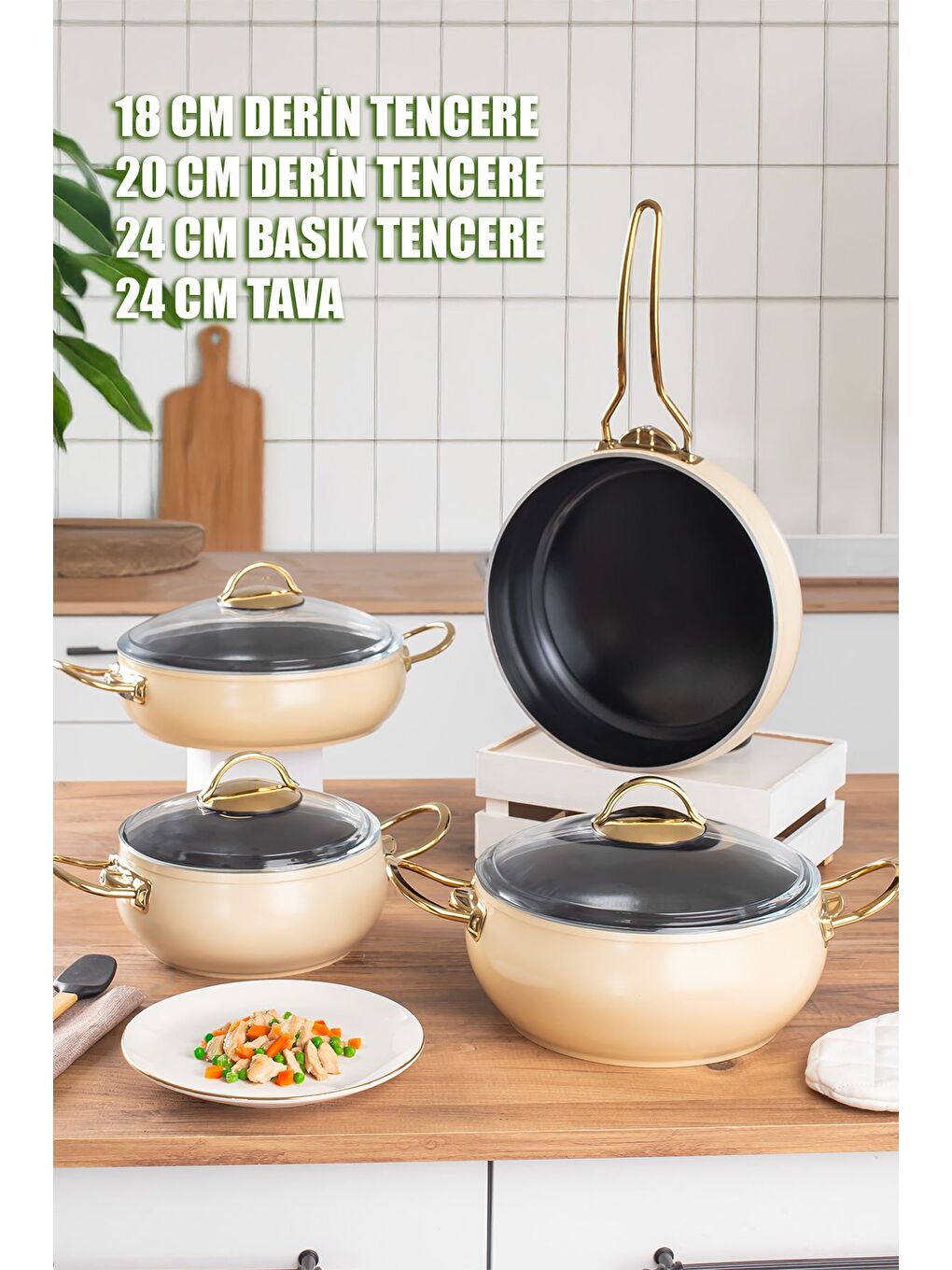 Lines Ekru L-5094-1 Yonca Güveç 7 Parça Tencere Seti - Krem Altın Kulp