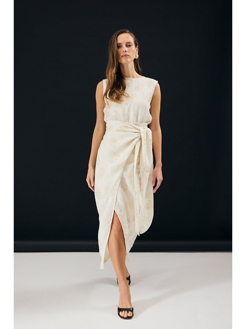 Bej Nakış Detaylı Uzun Etek - Taş-4