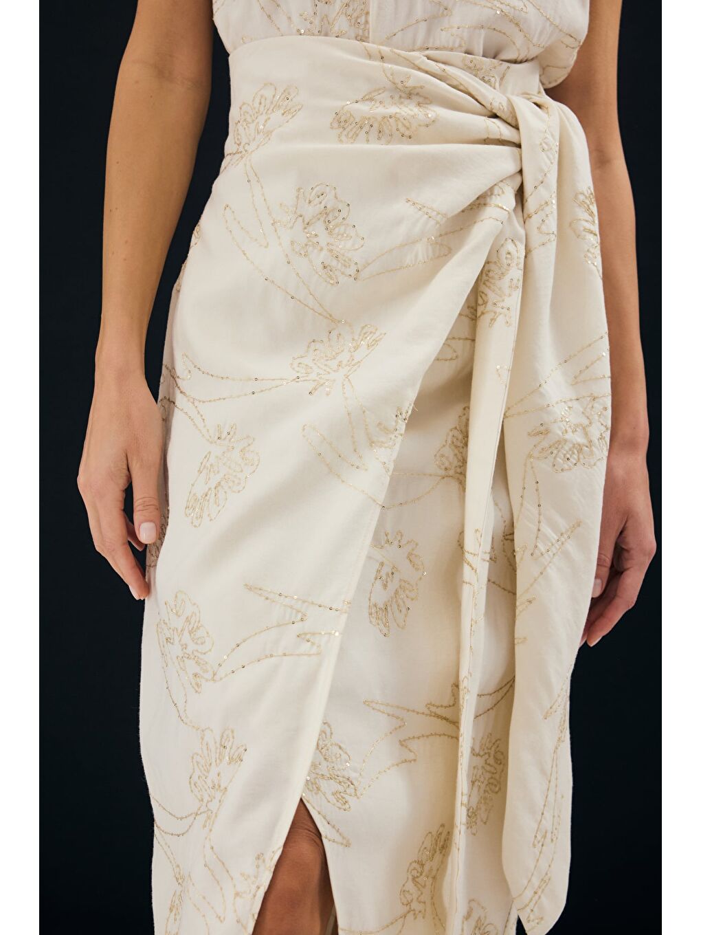 Bej Nakış Detaylı Uzun Etek - Taş-6