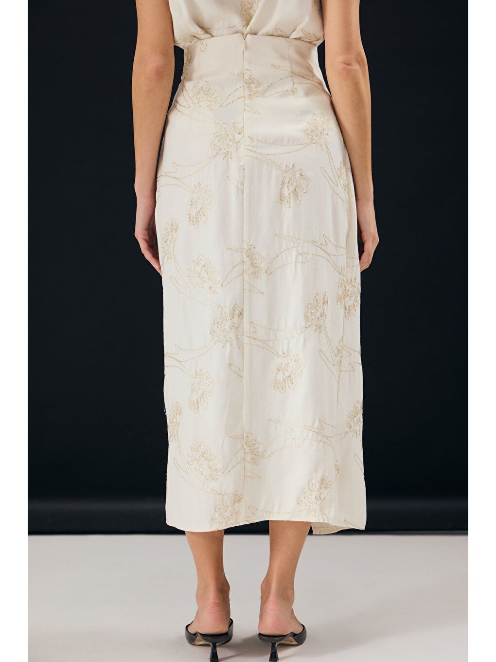 Bej Nakış Detaylı Uzun Etek - Taş-7