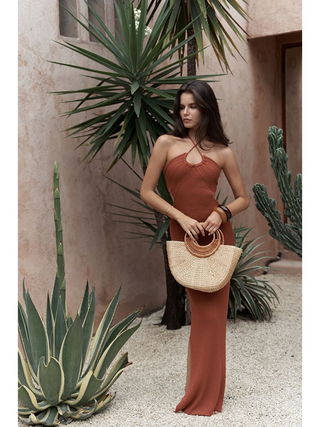 Kahverengi Salinas Bağcık Detay Kiremit Triko Uzun Elbise-5
