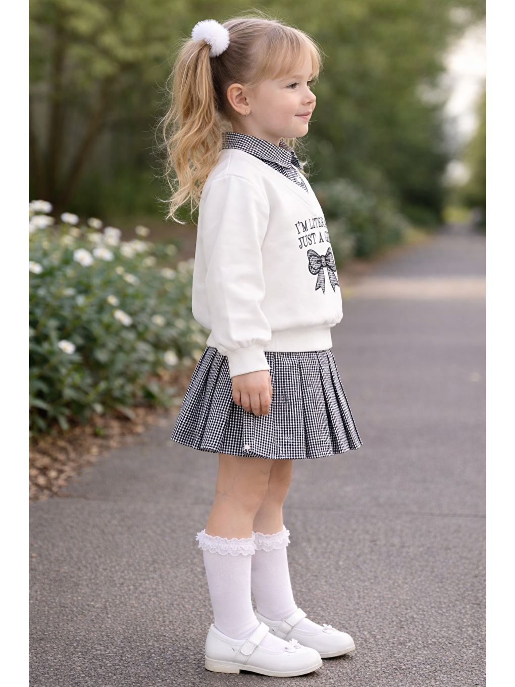 Gömlek Yaka Fiyonk Nakışlı Piti Kare Beyaz Renk Kız Çocuk Etekli Takım-1
