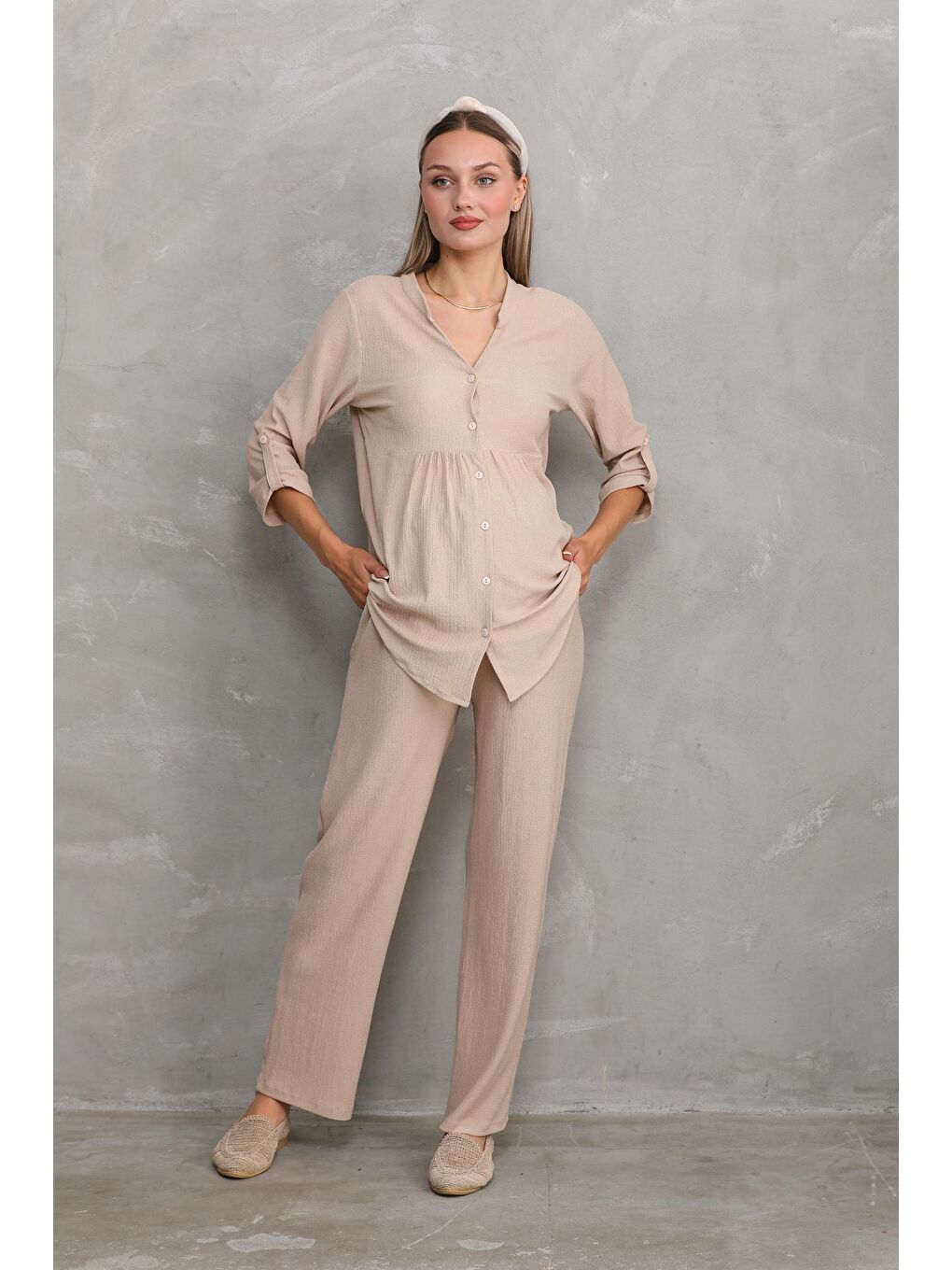 Bej Önden Düğmeli V yaka Hamile ve Lohusa Alt Üst Takım-2