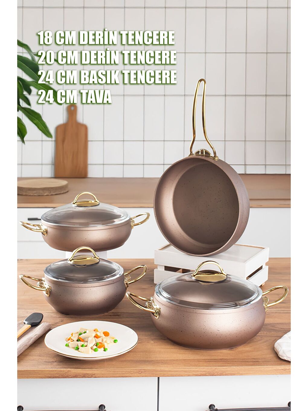 Turuncu L-5094-2 Yonca Güveç 7 Parça Tencere Seti - Bakır Altın Kulp