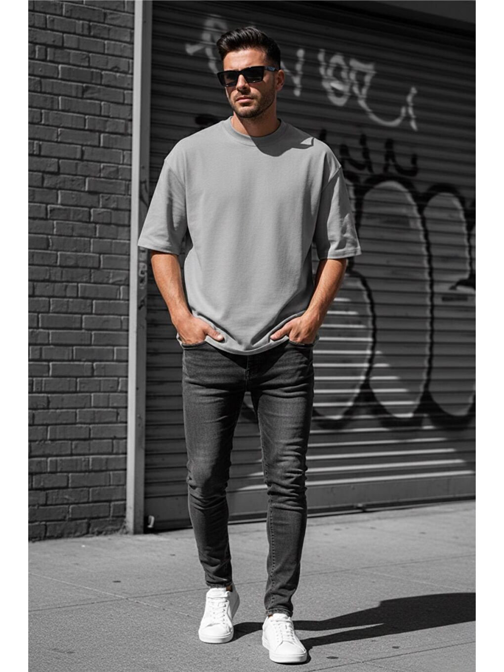 Gri Benriy Erkek Oversize Basic Bisiklet Yaka Pamuklu T-Shirt Rahat Kesim Unisex Sevgili Kombini-1