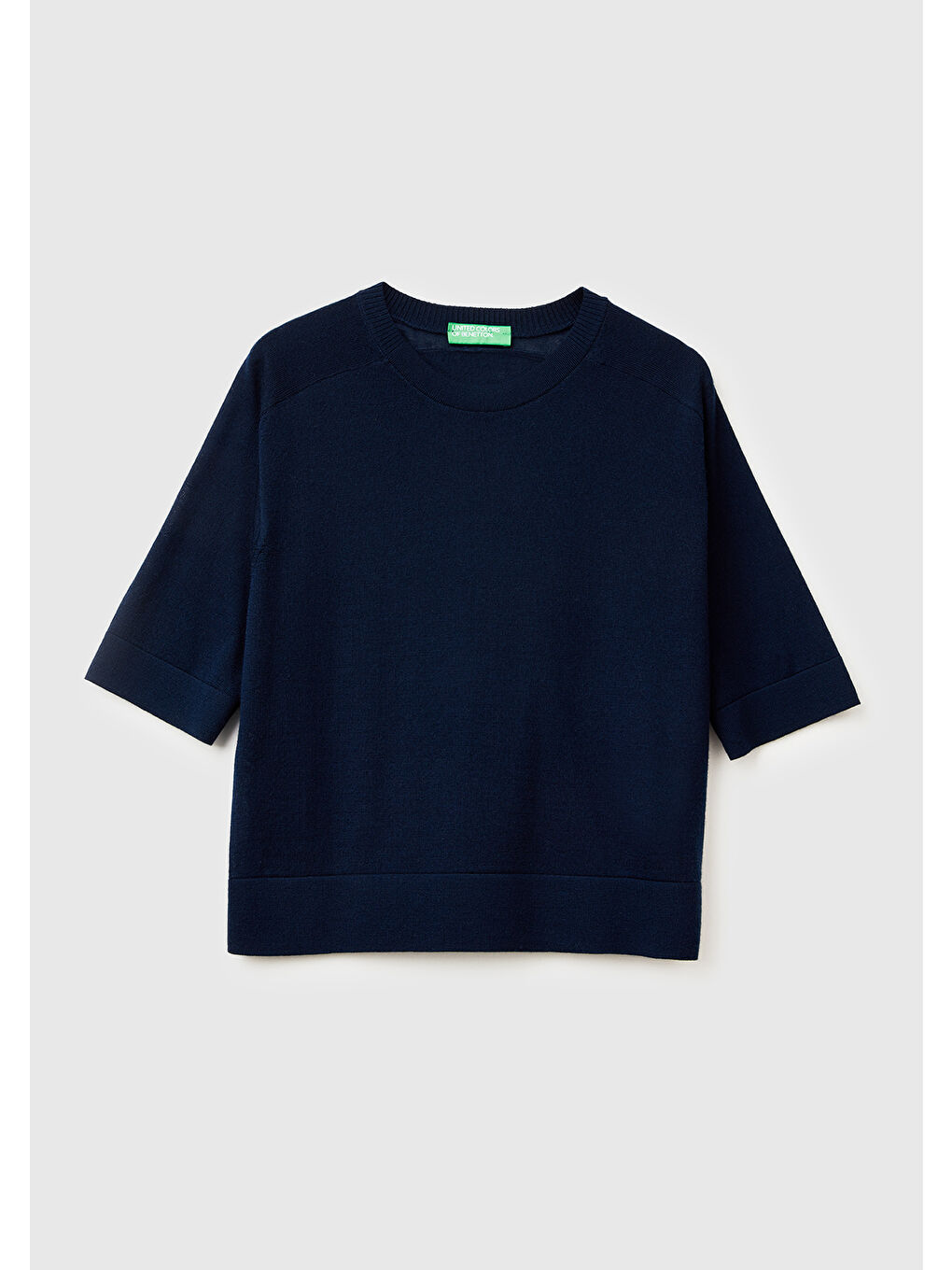 Kadın Lacivert %100 Yün Bisiklet Yaka Kısa Kollu Kazak-1