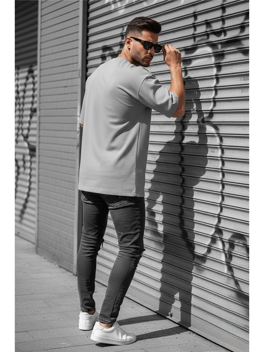 Gri Benriy Erkek Oversize Basic Bisiklet Yaka Pamuklu T-Shirt Rahat Kesim Unisex Sevgili Kombini-2