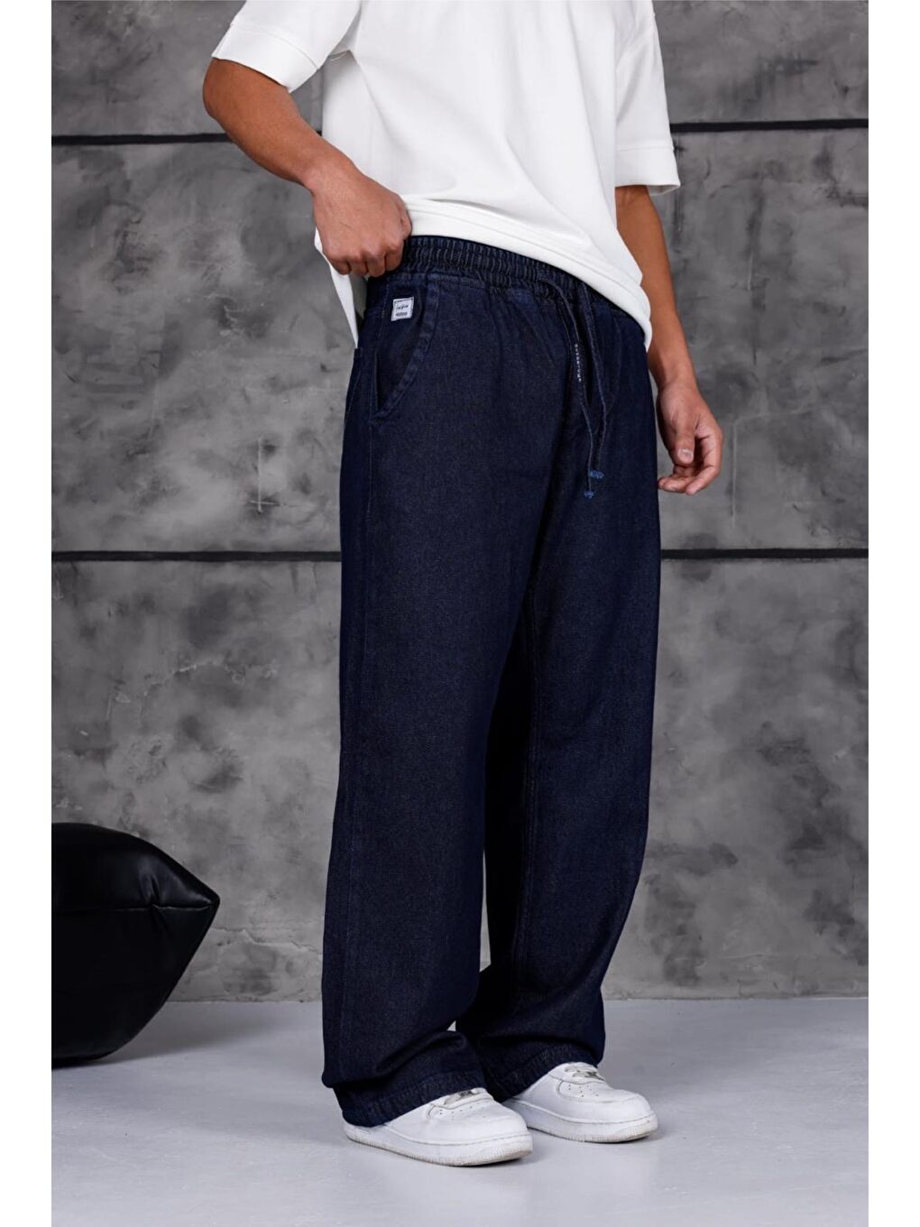 Lacivert Jackson Unisex Oversize Beli İpli ve Lastikli Denim Jean Pantolon - Baggy Jean