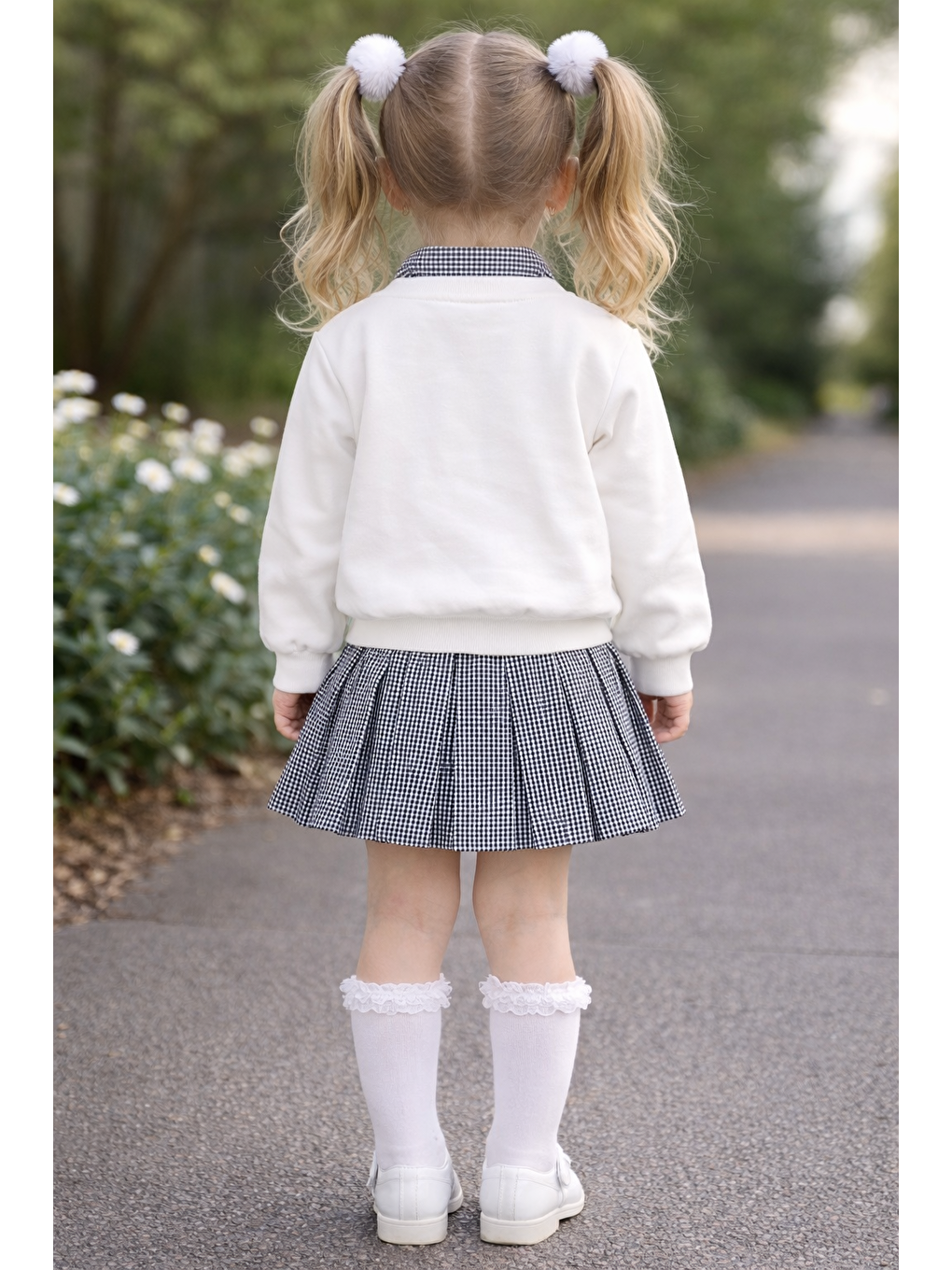 Gömlek Yaka Fiyonk Nakışlı Piti Kare Beyaz Renk Kız Çocuk Etekli Takım-2