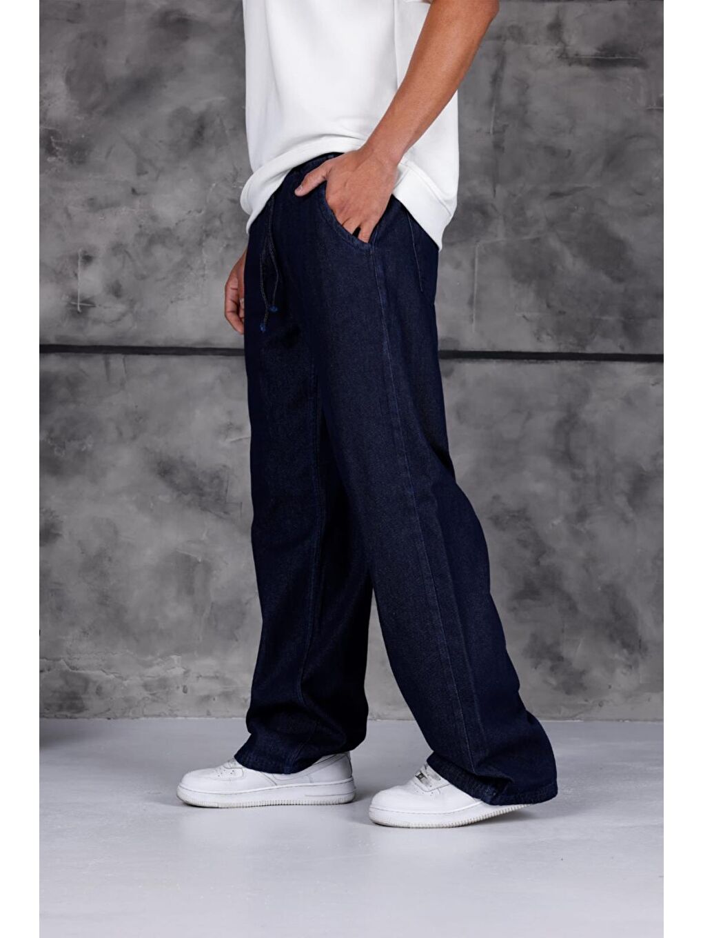 Lacivert Jackson Unisex Oversize Beli İpli ve Lastikli Denim Jean Pantolon - Baggy Jean-1