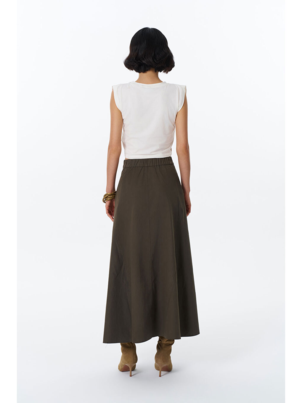 Beli Lastikli Pileli Midi Etek Haki-4