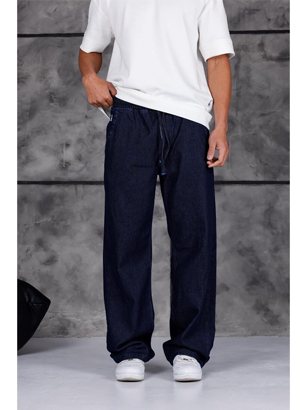 Lacivert Jackson Unisex Oversize Beli İpli ve Lastikli Denim Jean Pantolon - Baggy Jean-2