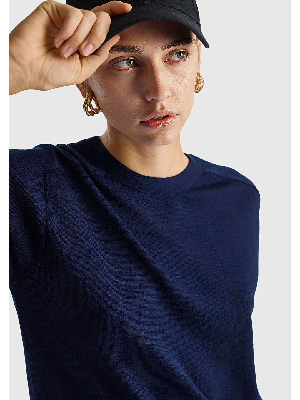 Kadın Lacivert %100 Yün Bisiklet Yaka Kısa Kollu Kazak-5