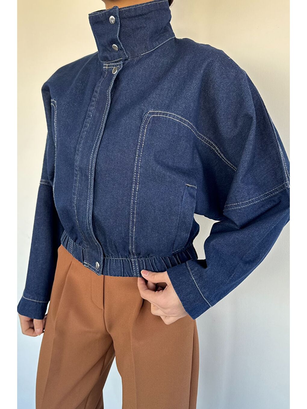 Lacivert Kadın Ön Fermuarlı Bel Lastikli Oversize Jean Jean Ceket-1