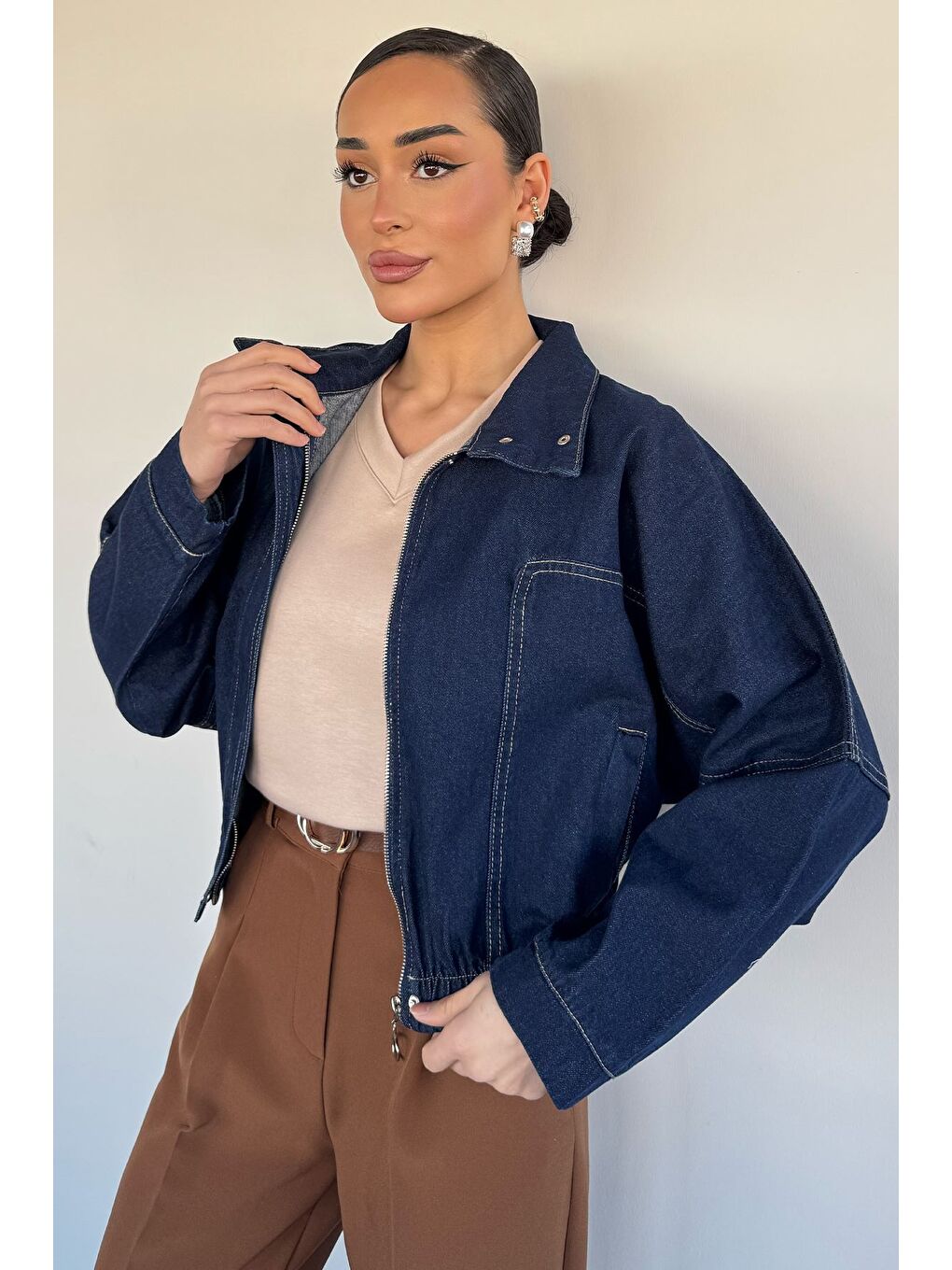 Lacivert Kadın Ön Fermuarlı Bel Lastikli Oversize Jean Jean Ceket-2