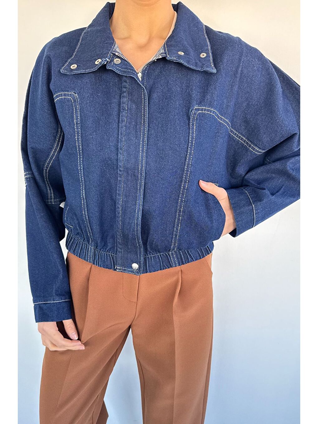 Lacivert Kadın Ön Fermuarlı Bel Lastikli Oversize Jean Jean Ceket-3