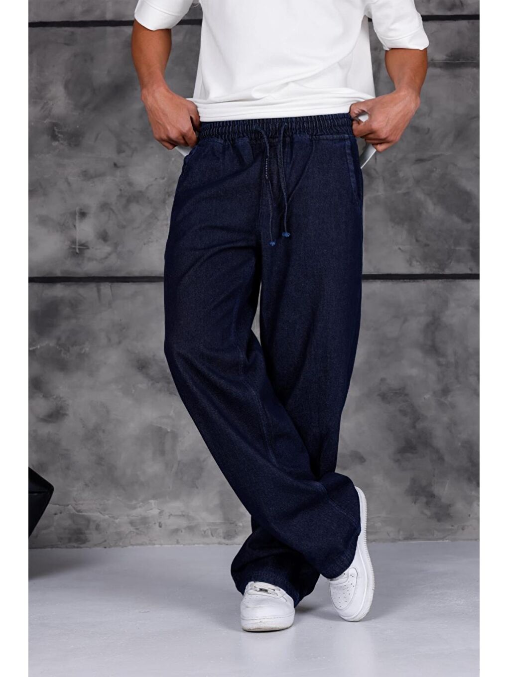 Lacivert Jackson Unisex Oversize Beli İpli ve Lastikli Denim Jean Pantolon - Baggy Jean-4